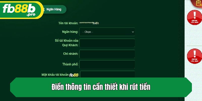 Điền thông tin cần thiết khi rút tiền